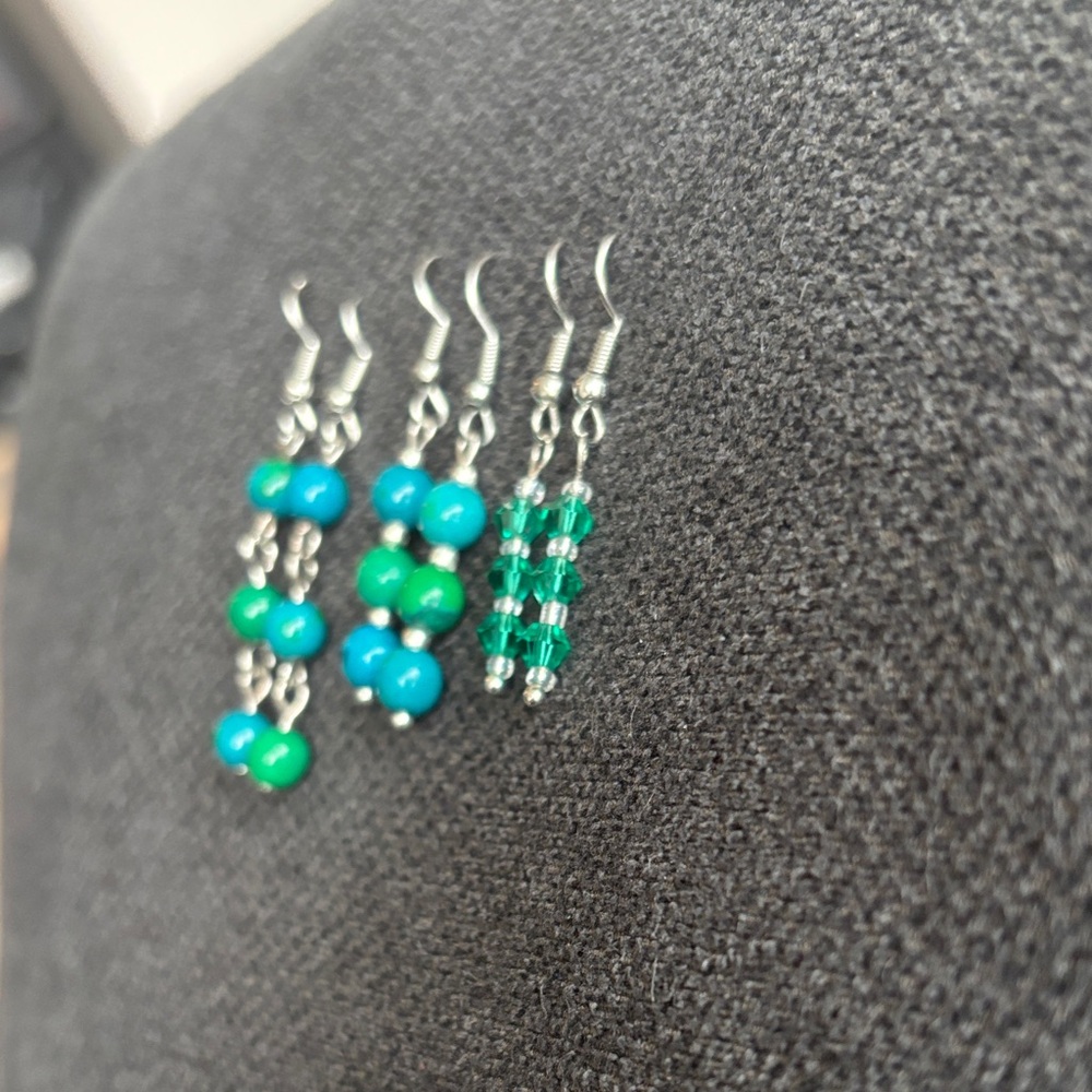 Elegant Green and Blue Beaded Earrings Hand Crafted set of 3 - Picture 4 of 9
